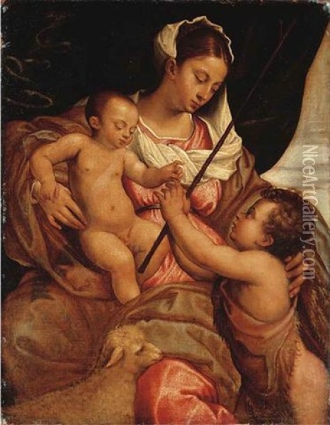 The Madonna And Child With The Infant Saint John The Baptist Oil Painting - Jacopo dal Ponte Bassano