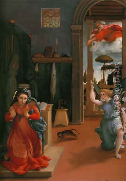 Annunciation c. 1527 Oil Painting - Lorenzo Lotto