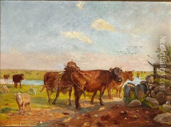 Kvaeg Pa Vanderens Vaenge - Saltholm Oil Painting - Theodor Philipsen