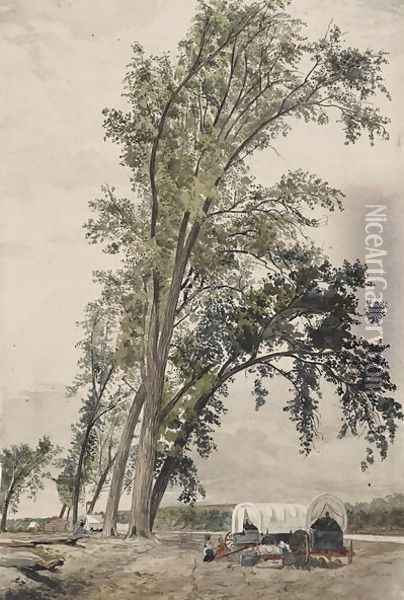 Council Bluffs Ferry and a Group of Cottonwood Trees, Iowa, 1853 Oil Painting - Frederick Piercy