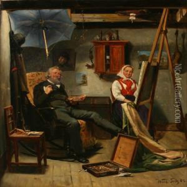 Interior With The Painter And His Model Oil Painting - Waldemar Knut Gustaf Tode