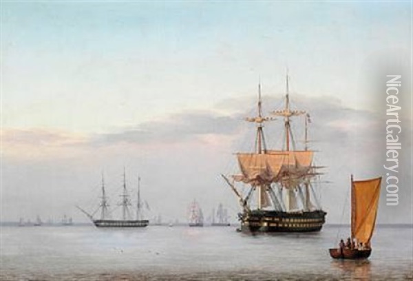 Et Russisk Linieskib Og En Fregat Oil Painting - Frederik Theodor Kloss