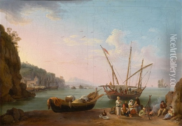 Harbour Scene With Figures At The Coast Near Vietri Sul Mare Oil Painting - Jacob Philipp Hackert