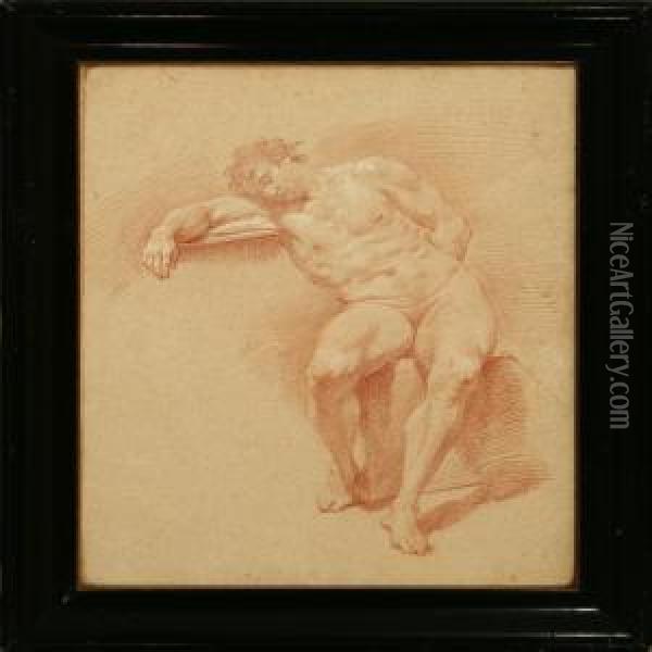 Academy Study Of A Nude Male Model Oil Painting - Johan Martin Schuster
