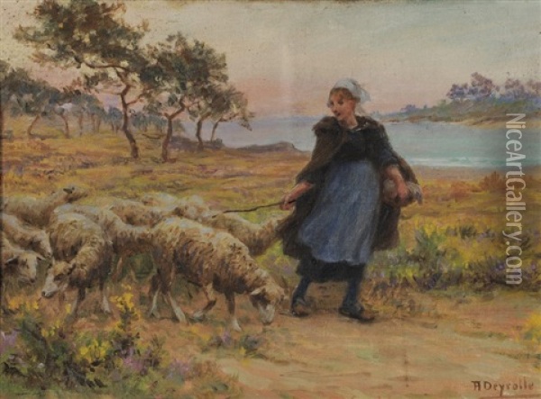 Bergere Et Ses Moutons Oil Painting - Theophile-Louis Deyrolle