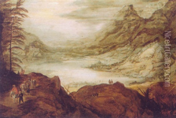 Travellers On A Mountain Path With A Lake And An Extensive Mountain Landscape Beyond Oil Painting - Joos de Momper the Younger