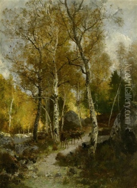 Waldlandschaft Mit Zwei Rehen Oil Painting - Alexandre Defaux