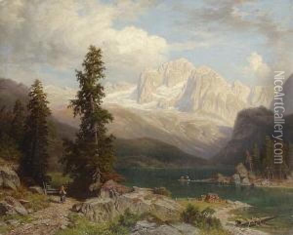 Blick Uber Den Konigssee Auf Das
 Dachsteingebirge. Oil Painting - Wilhelm Theodor Nocken