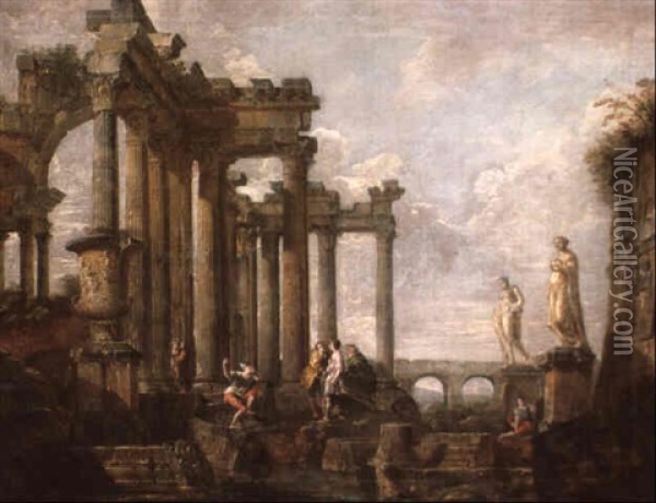 A Classical Architectural Capriccio With Soldiers And Other Figures Oil Painting - Giovanni Paolo Panini