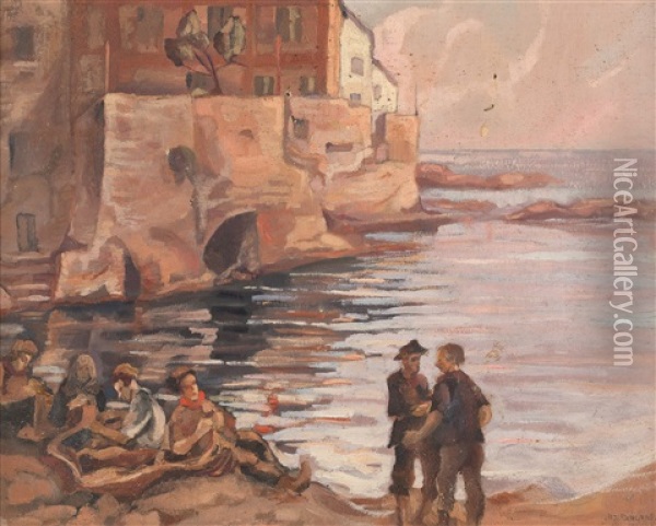 Pescatori Sulla Spiaggia Di Boccadasse Oil Painting - Alfredo Ubaldo Gargani