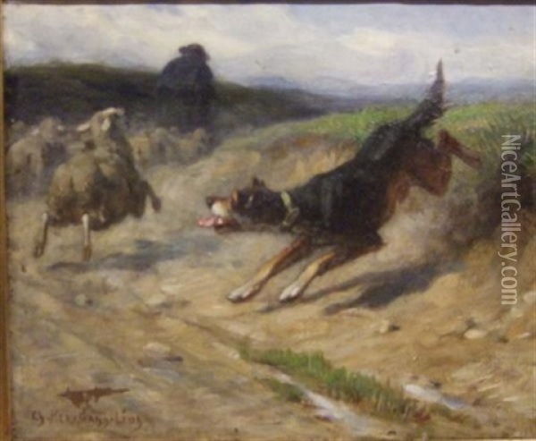 Chien Menant Son Troupeau Oil Painting - Charles Herrmann-Leon