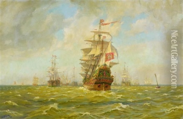 Marine. Zahlreiche Vor Anker Liegende Segler Oil Painting - Hans (Johannes) Bohrdt