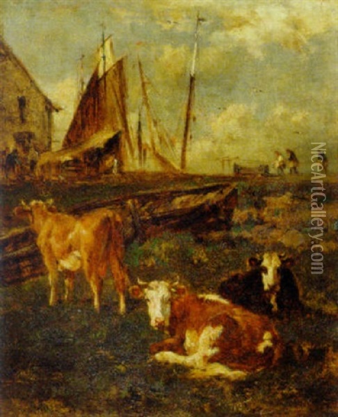 Cattle Near A Harbor Oil Painting - Emile van Marcke de Lummen