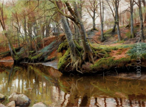 By The River Oil Painting - Peder Mork Monsted