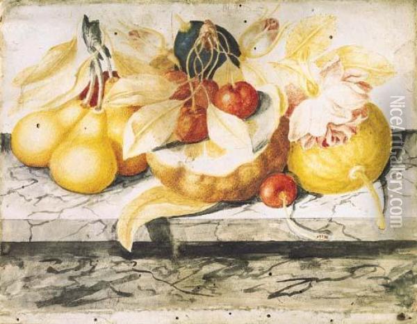 Pere, Un Limine E Ciliegie Su Un Piano Di Marmo Oil Painting - Octavianus Montfort