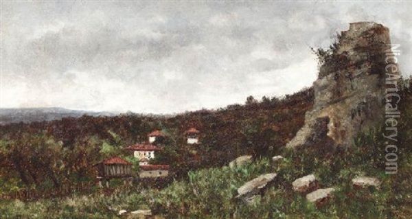 Landschaft In Nordspanien. Bauernhauser In Olivenhainen Am Hang Oil Painting - Manuel Ramos Artal