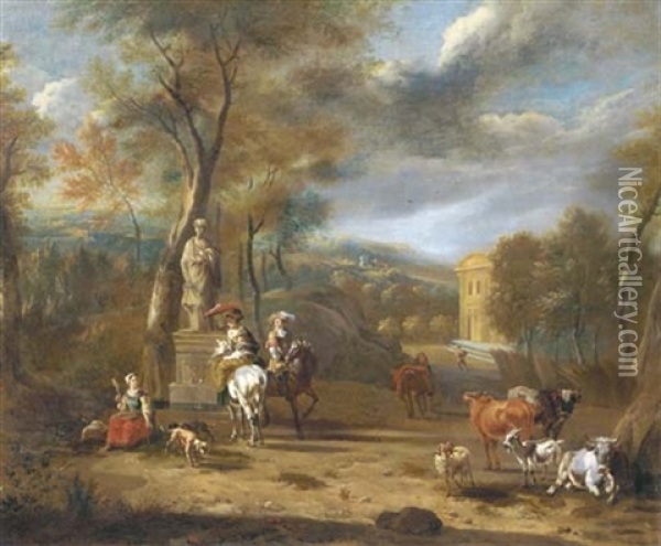 Elegant Company On Horseback By A Fountain In A Wooded Landscape Oil Painting - Johannes van der Bent
