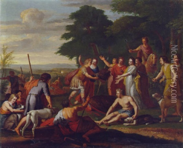 Meleager Presenting The Head Of The Calydonian Boar To Atalanta Oil Painting - Gerard Hoet the Elder