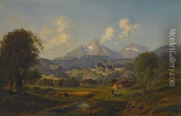 Blick Auf Berchtesgaden Mit Watzmann Oil Painting - Gustav Barbarini