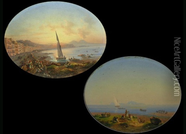 Neapolitanische Ansichten (pair) Oil Painting - Auguste-Etienne-Francois Mayer