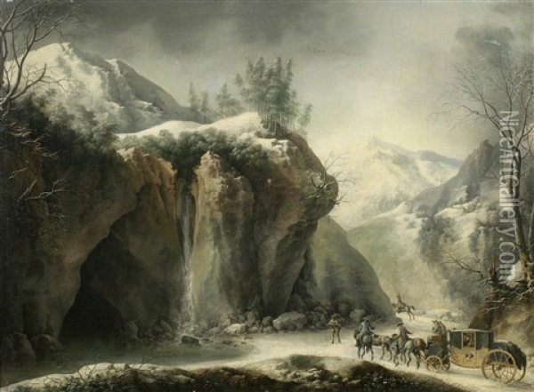 A Rocky Winter Landscape With Elegant Figures In A Horse-drawn Carriage Oil Painting - Francesco Foschi