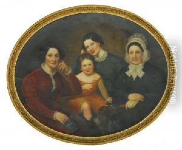 Portrait Of Three Women, A Young Girl And Their Spaniel Oil Painting - Bass Otis