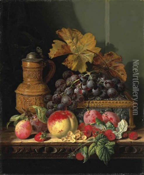 A Tankard With A Casket, Grapes, Plums, Raspberries, Whitecurrants And A Peach, On A Wooden Ledge Oil Painting - Edward Ladell