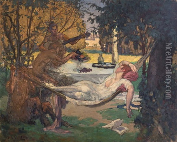 Femme Dans Un Hamac Entouree De Faunes Musiciens Oil Painting - Charles-Auguste Edelmann