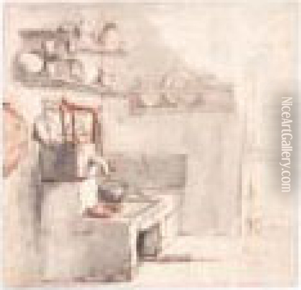 A Corner Of A Kitchen With A Pump And A Sink Oil Painting - Cornelis Dusart