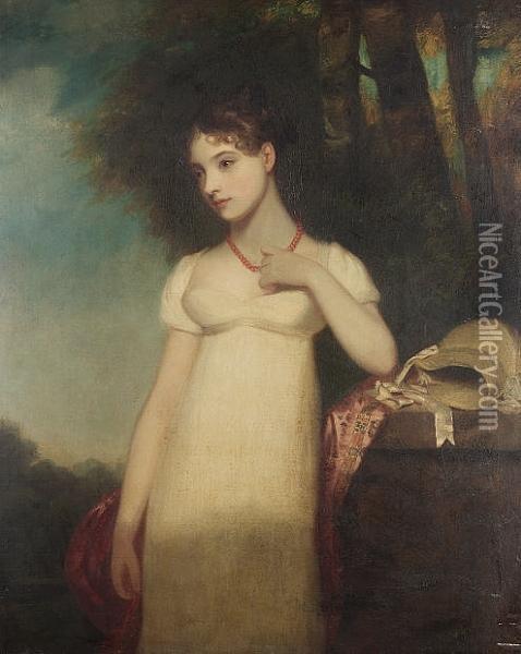 Portrait Of A Young Woman, 
Standing Three-quarter-length, In A White Muslin Dress And A Coral 
Necklace, Her Bonnet And Shawl On A Stone Plinth Beside Her Oil Painting - John Hoppner