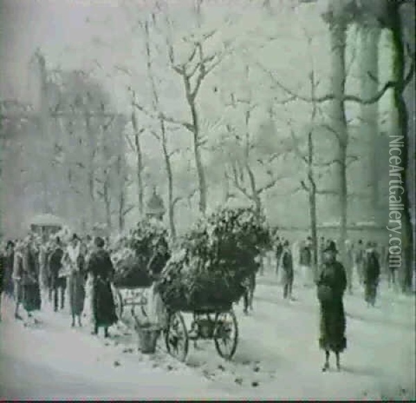 Flower Sellers Along The Avenue, Paris Oil Painting - Henri Malfroy-Savigny