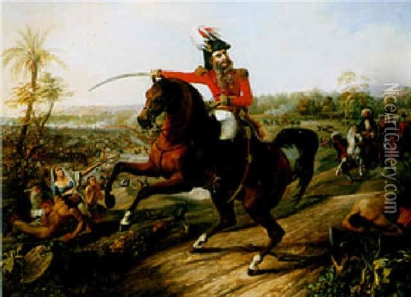 Sir Charles Napier At The Battle Of Scinde, 1843 Oil Painting - Cais (Comte de) Pierlas