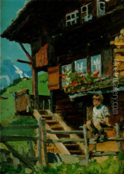 Junger Knabe Vor Einem Holzchalet Oil Painting - Caspar Ritter