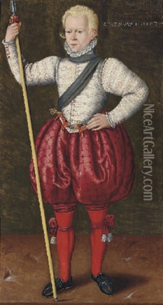 Portrait Of A Young Man In A White Embroidered Doublet And Red Pantaloons, A Pike In His Right Hand Oil Painting - Willem Key