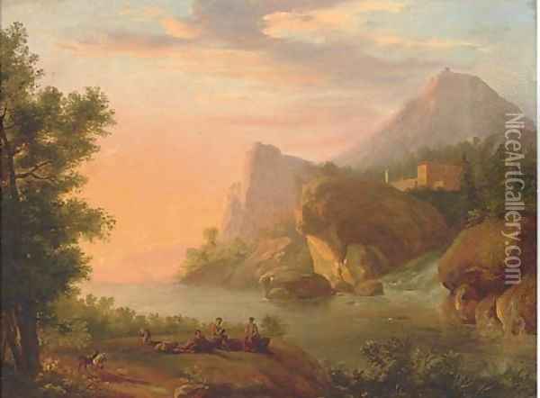 A Rhenish river landscape with shepherds playing music near a waterfall Oil Painting - Christian Georg II Schutz or Schuz