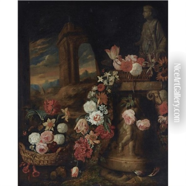 A Still Life Of Roses, Daffodils, Parrot Tulips, Snowballs And Other Flowers In Baskets And A Garland On A Sculpted Column, Near A Classical Statue Oil Painting - Charles Stoppelaer