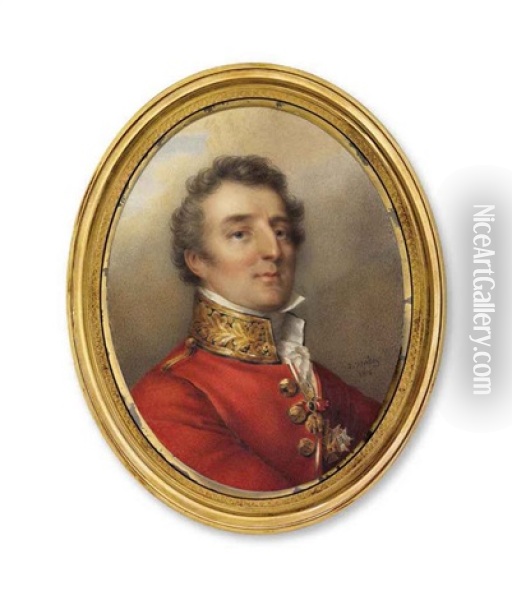 Arthur Wellesley, 1st Duke Of Wellington (1769-1852), In Red Uniform With Gold-embroidered Black Collar, White Shirt And Stock Oil Painting - Jean-Baptiste Isabey