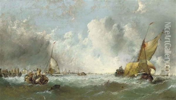 A Hay Barge And A Hulk Off A Rocky Coastline (+ A Hay Barge Leaving A Dutch Harbour On A Blustery Day; Pair) Oil Painting - Alfred Montague