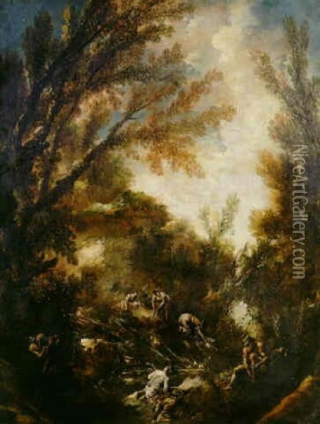 Wooded Landscape With Washerwomen And Anglers Oil Painting - Alessandro Magnasco