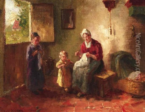 Mutter Mit Zwei Kleinkindern In Der Bauernkate Oil Painting - Bernard de Hoog