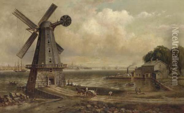 Isaac Edge's Windmill, Jersey City, New Jersey Oil Painting - Granville Perkins