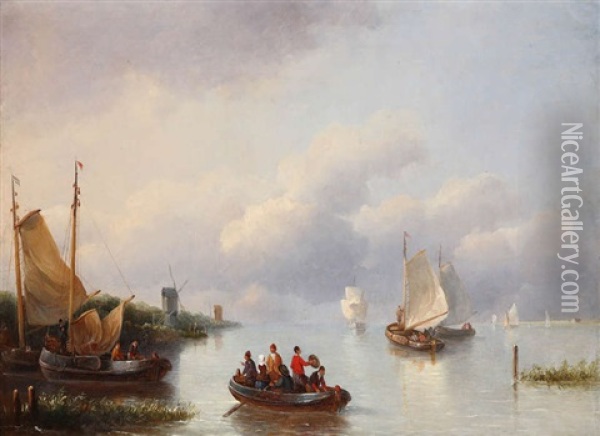 Paysage De Riviere En Hollande Anime De Personnages Dans Une Chaloupe Et De Voiliers Oil Painting - Johannes Henderikus Morrien