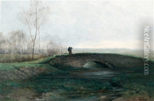 Figure Crossing A Bridge Oil Painting - Aaron Allan Edson