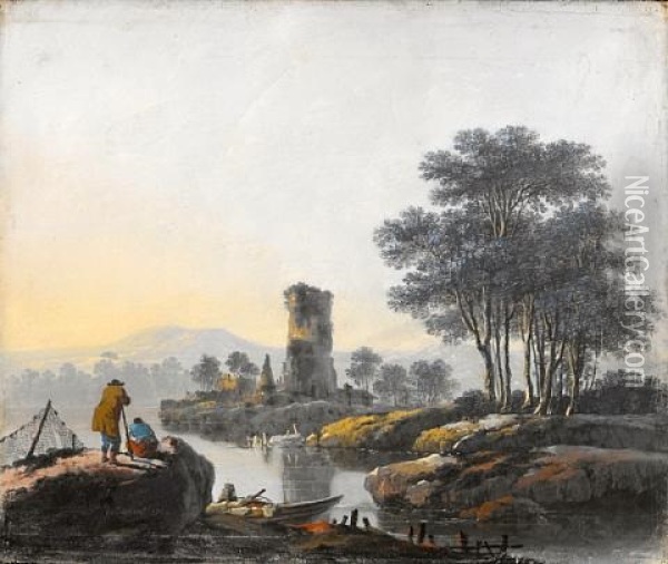 A River Landscape With Figures On The Bank And The Ruins Of A Tower In The Distance Oil Painting - Jean Baptiste Pillement