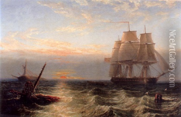 An English Warship Hove To, With A Rowing Boat Investigating A Wreck At Sunset Oil Painting - John Wilson Carmichael