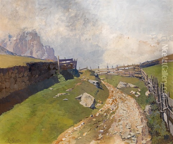 Turn And Fence With The Grodner Joch (dolomiten) In The Background Oil Painting - Marie Egner