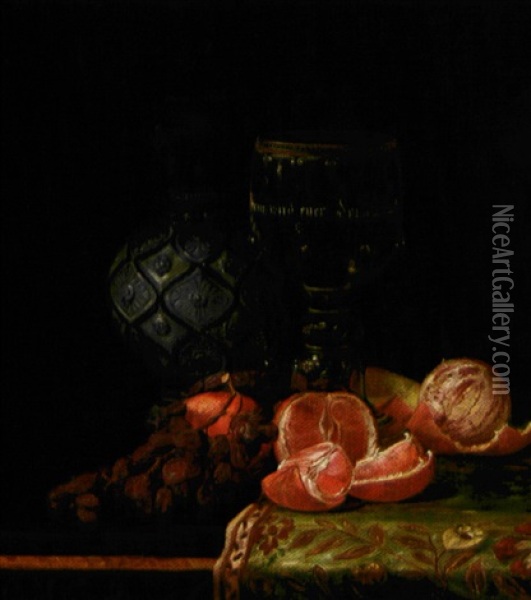 Opstilling Med Stenojskande, Vinglas Og Pillede Appelsiner Pa Et Bord Oil Painting - Sofus Petersen
