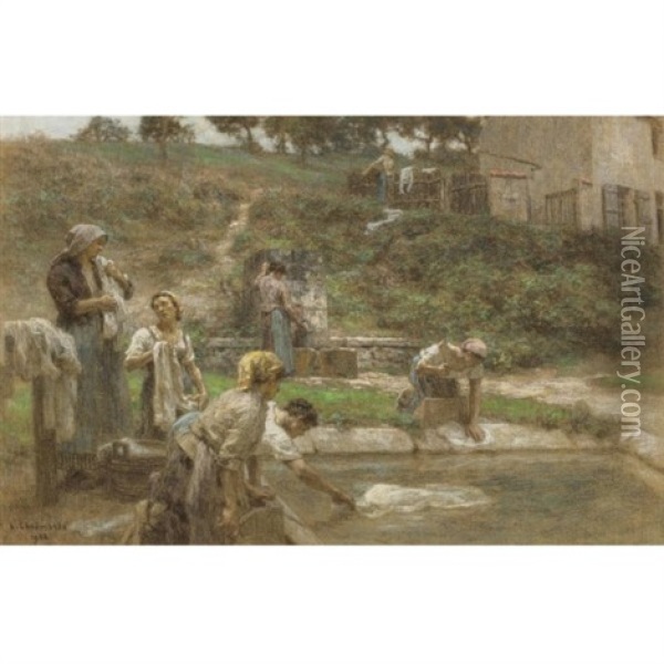 Au Lavoir, Six Figures Oil Painting - Leon Augustin L'Hermitte