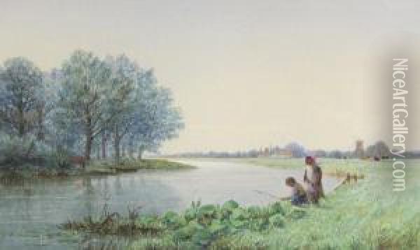 Children Fishing From Riverbank Oil Painting - George Stanfield Walters