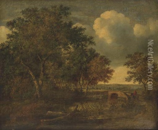 An Extensive Landscape With A Figure On Horseback Crossing A Bridge Oil Painting - Salomon van Ruysdael